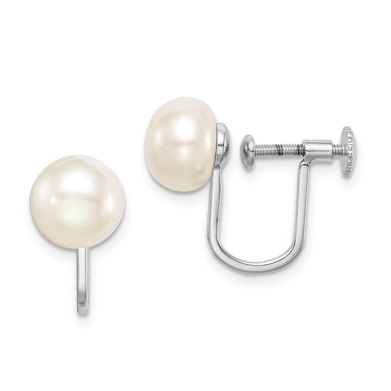 8-9mm White Button Freshwater Cultured Pearl Non-pierced Earrings Sterling Silver Rhodium Plated QE…