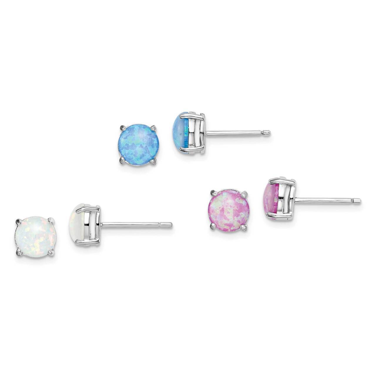 Pink, White, &amp; Blue Created Opal Stud Three Set of Earri Sterling Silver QE15432SET, MPN: QE15432SE…