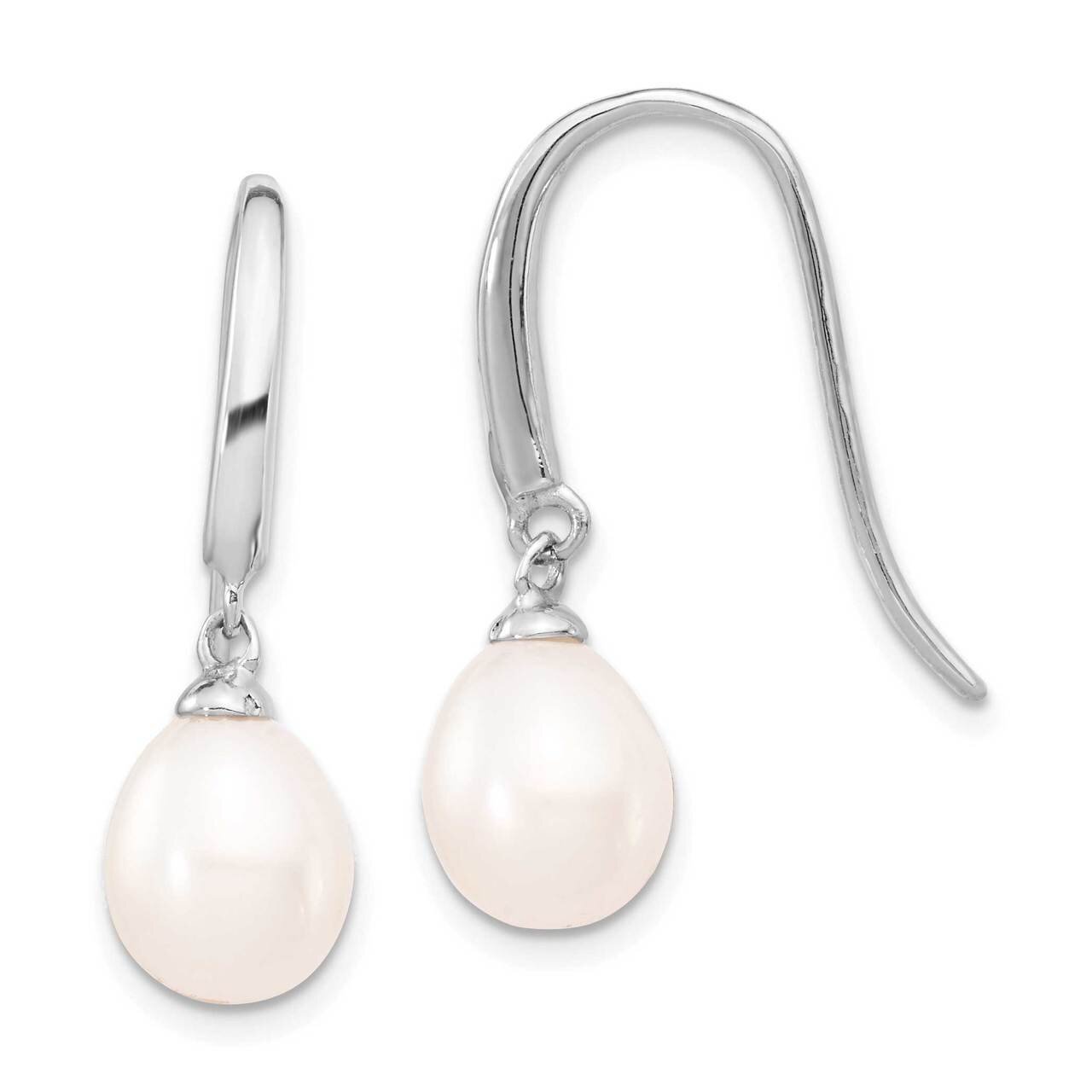 8-9mm White Freshwater Cultured Rice Pearl Dangle Earrings Sterling Silver Rhodium Plated QE4333