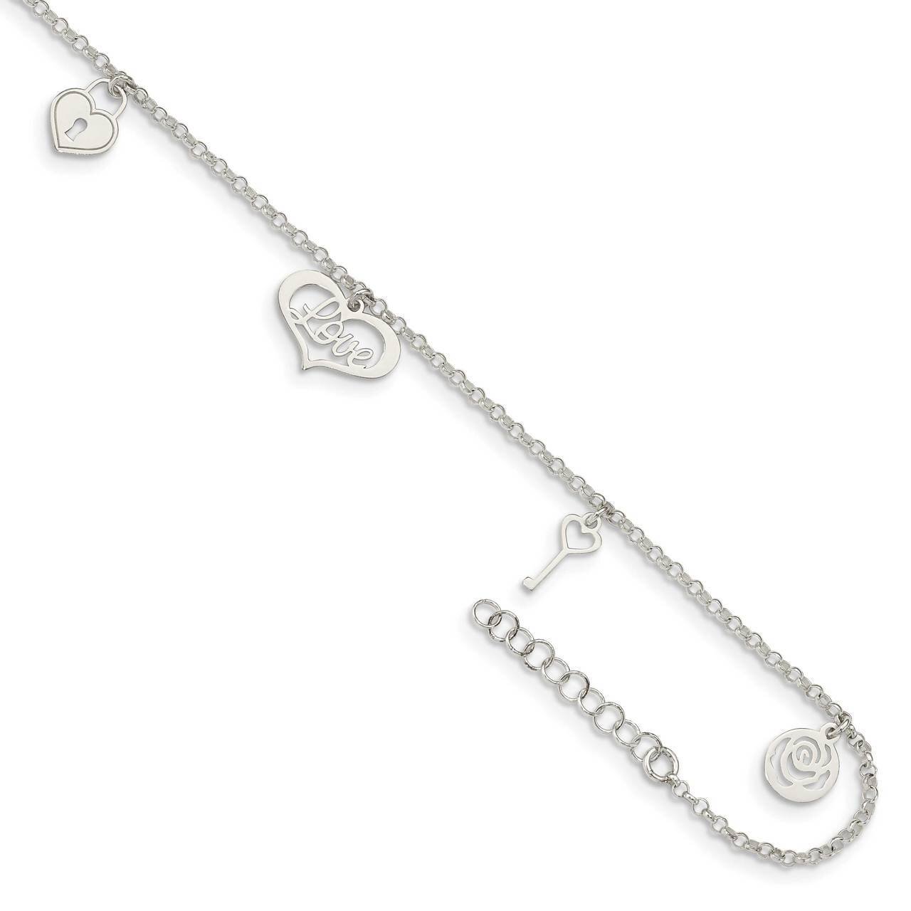 Love Themed Dangles with 1 inch Extender Anklet Sterling Silver QG4729-9, MPN: QG4729-9, 8867741032…