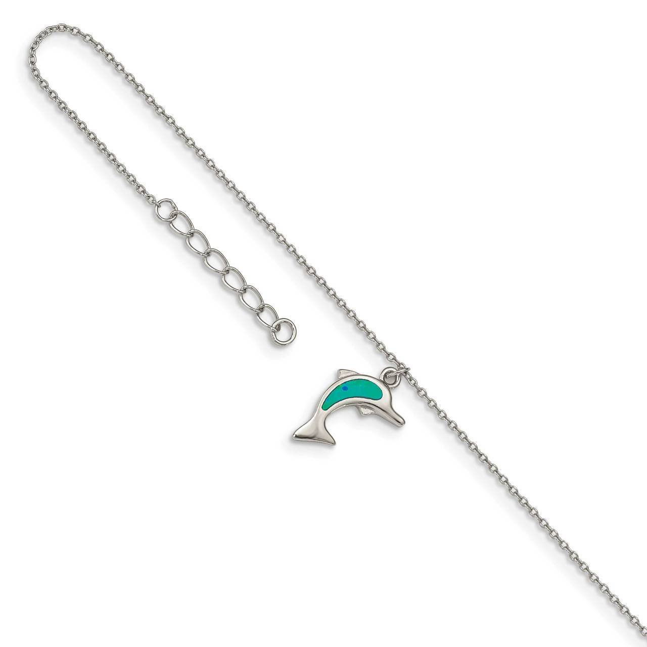 Created Blue Opal Dolphin with 1 inch Extender Anklet Sterling Silver Rhodium-plated QG4749-9