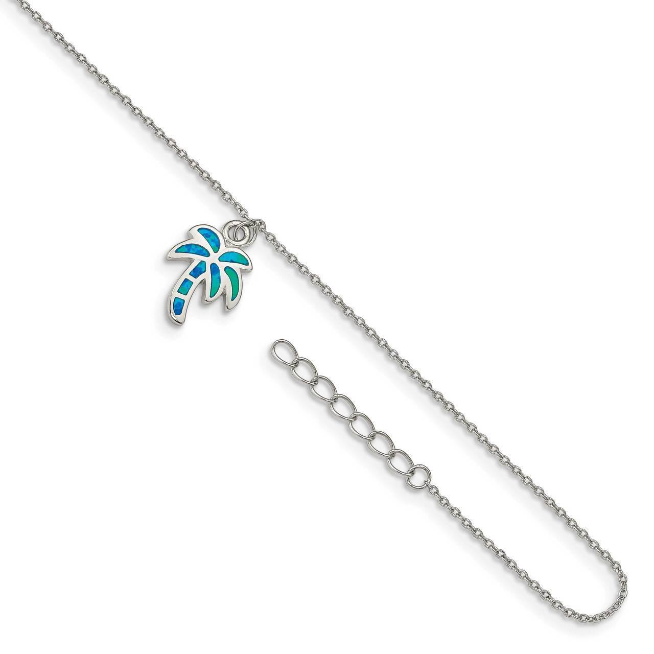 Created Blue Opal Palm Tree with 1 inch Extender Ankl Sterling Silver Rhodium-plated QG4750-9