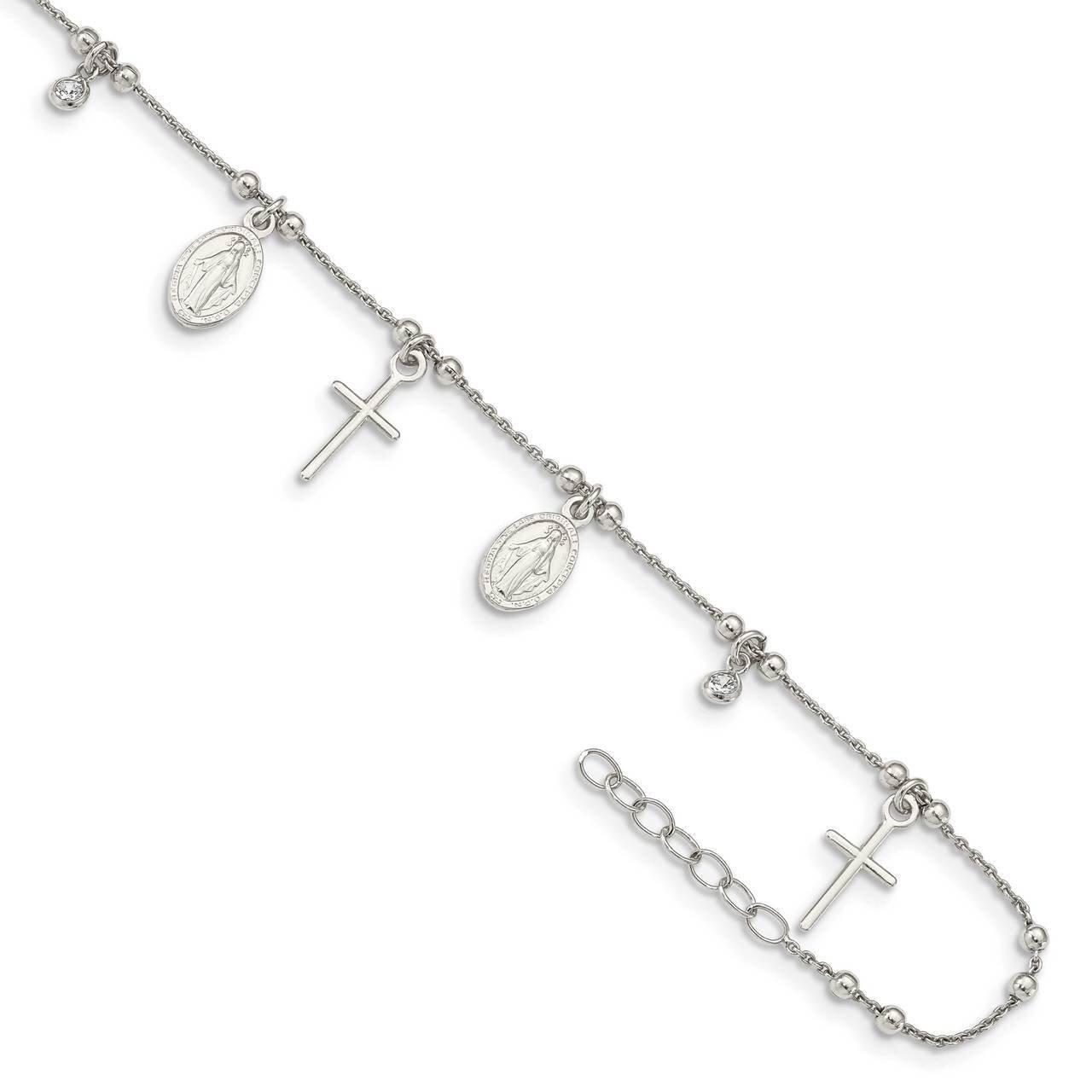 Cross & Mary Charm with 1 inch Extender Anklet Sterling Silver CZ Diamond QG4795-9