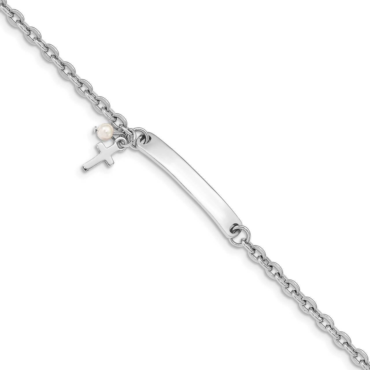 Cross Freshwater Cultured Pearl Bar with 1 inch Extender Bracelet Sterling Silver Rhodium-plated QG…