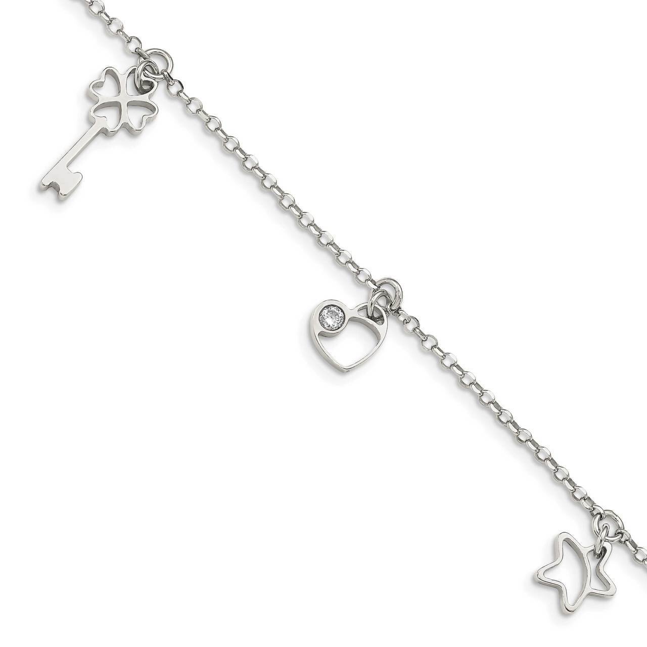 Heart, Star & Key with 1 Inch Extender. Bracelet Sterling Silver CZ Diamond QG4892-6.5