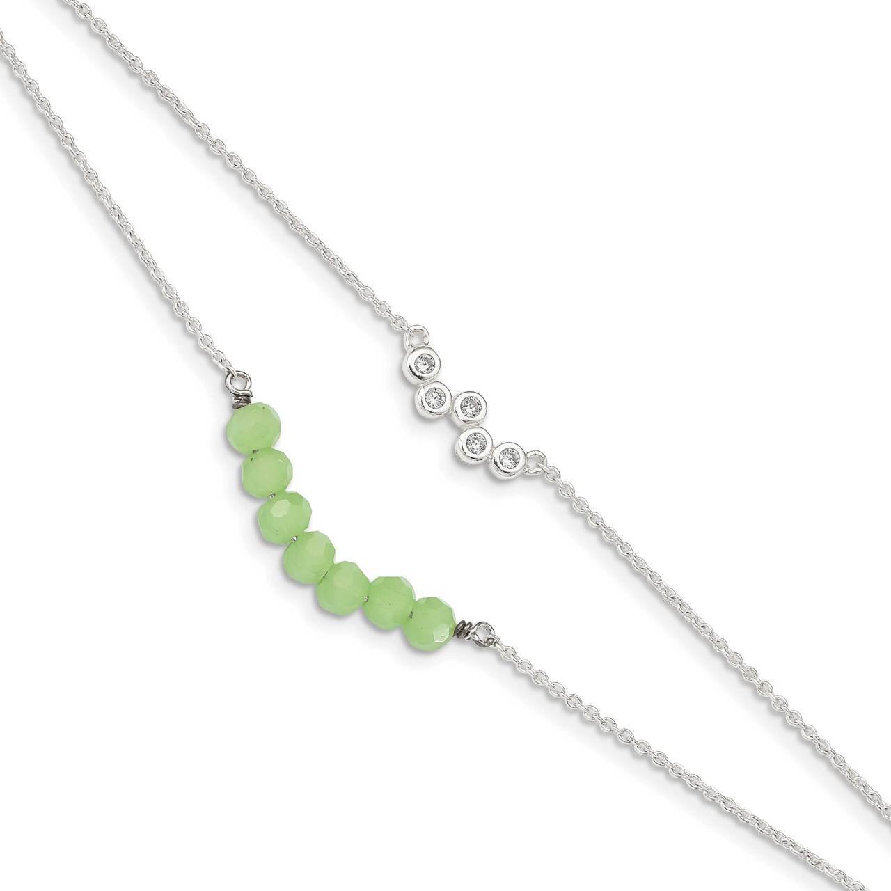 Green Glass Beads with 1 inch Extender Bracelet Sterling Silver CZ Diamond QG4904-6