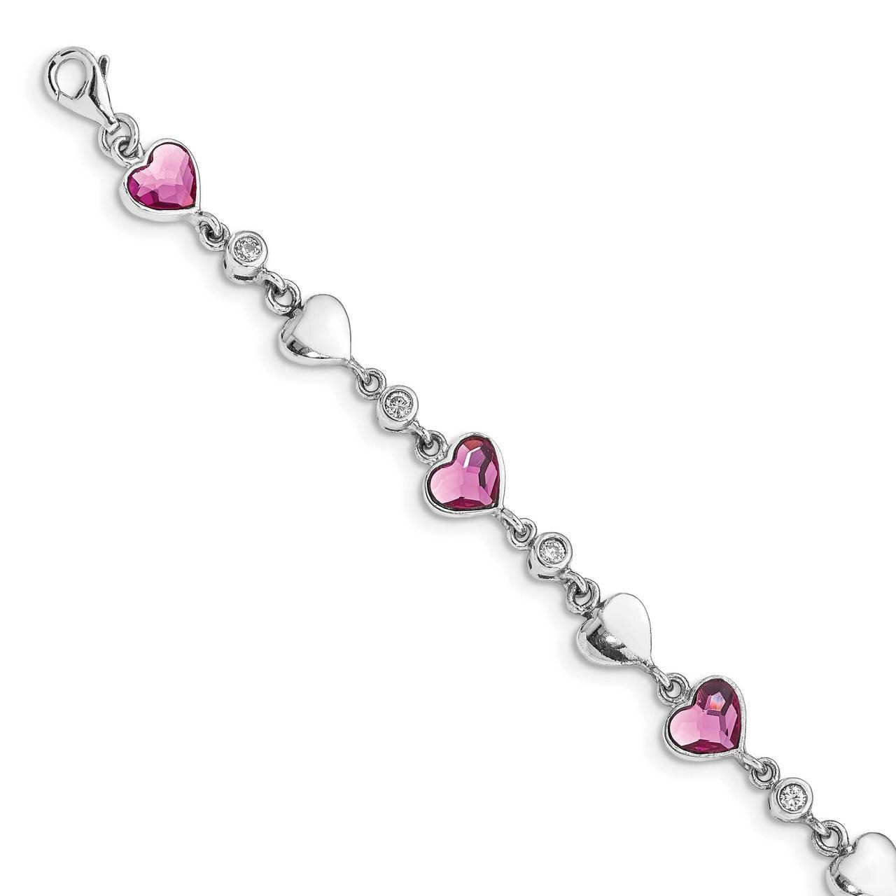 Clear &amp; Pink Crystal Hearts with 1 inch Extender Bracelet Sterling Silver Rhodium-plated QG4913-6.5…