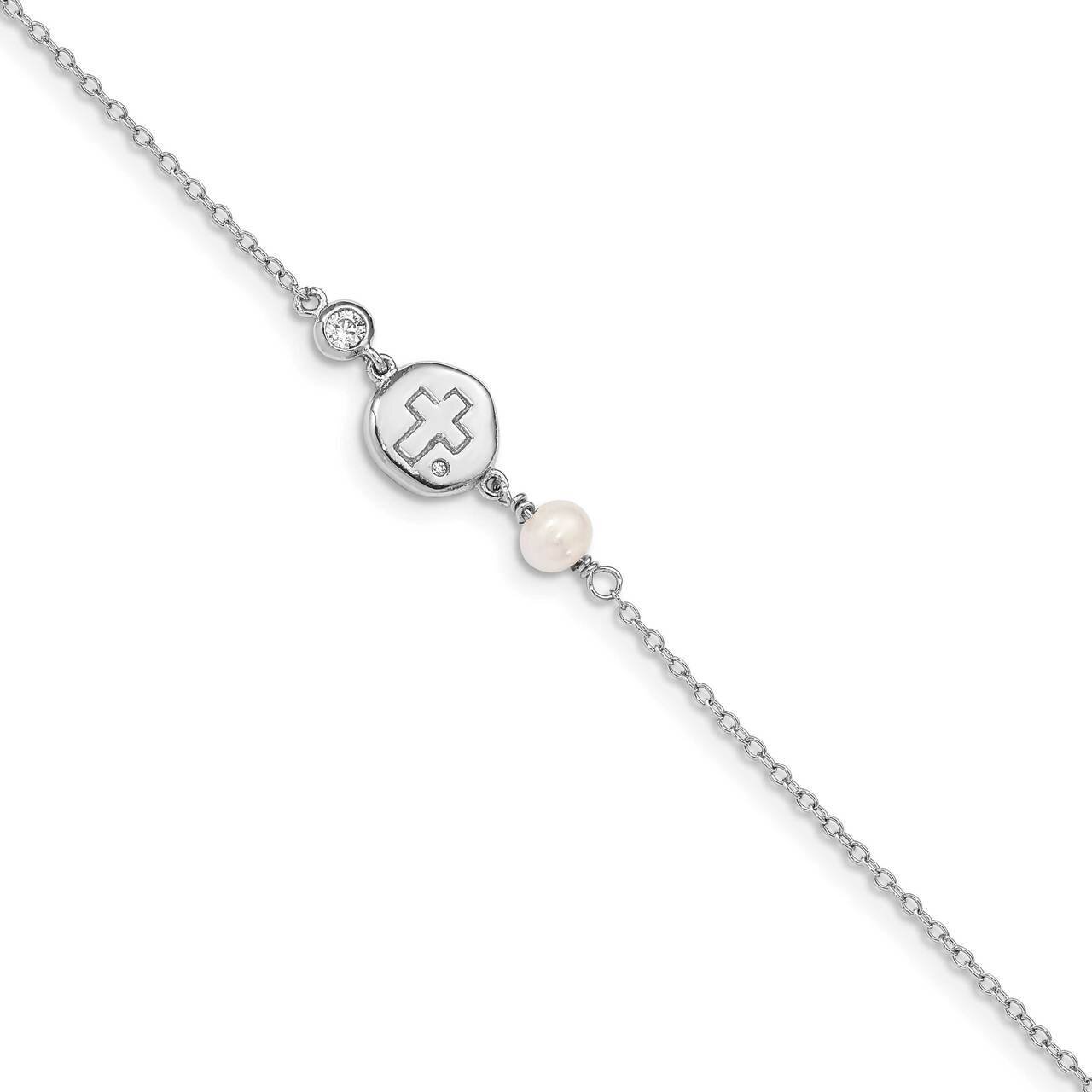CZ Diamond, Cross & Freshwater Cultured Pearl with .5in ext Bracelet Sterling Silver Rhodium-plated CZ Diamond QG4946-6.75