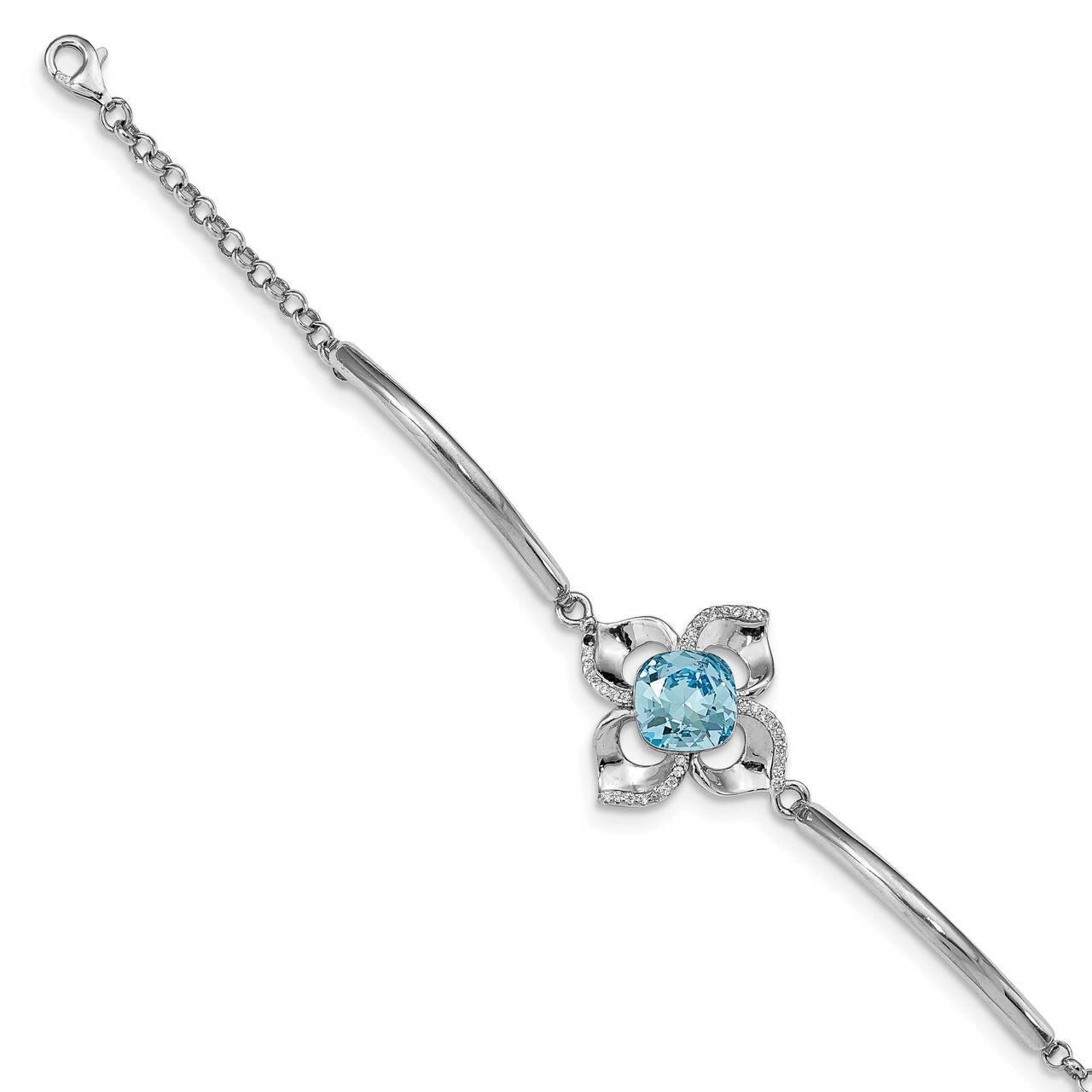 Clear &amp; Blue Crystal Flower with 1 inch Extender Bracel Sterling Silver Rhodium-plated QG4954-7, MP…