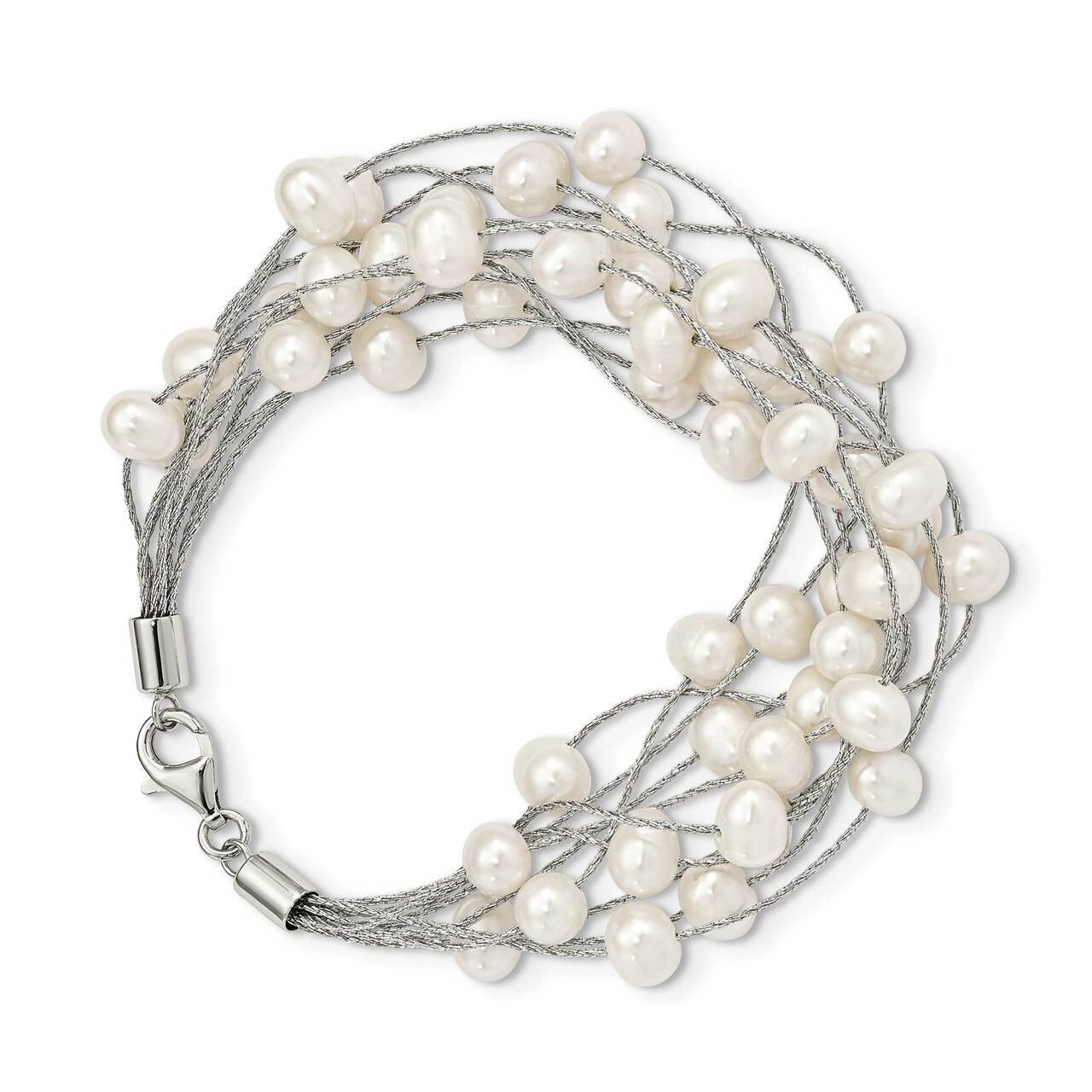 7-8mm White Freshwater Cultured Pearl 10-rows Bracelet Sterling Silver Rhodium Plated QG5083-7.25, …