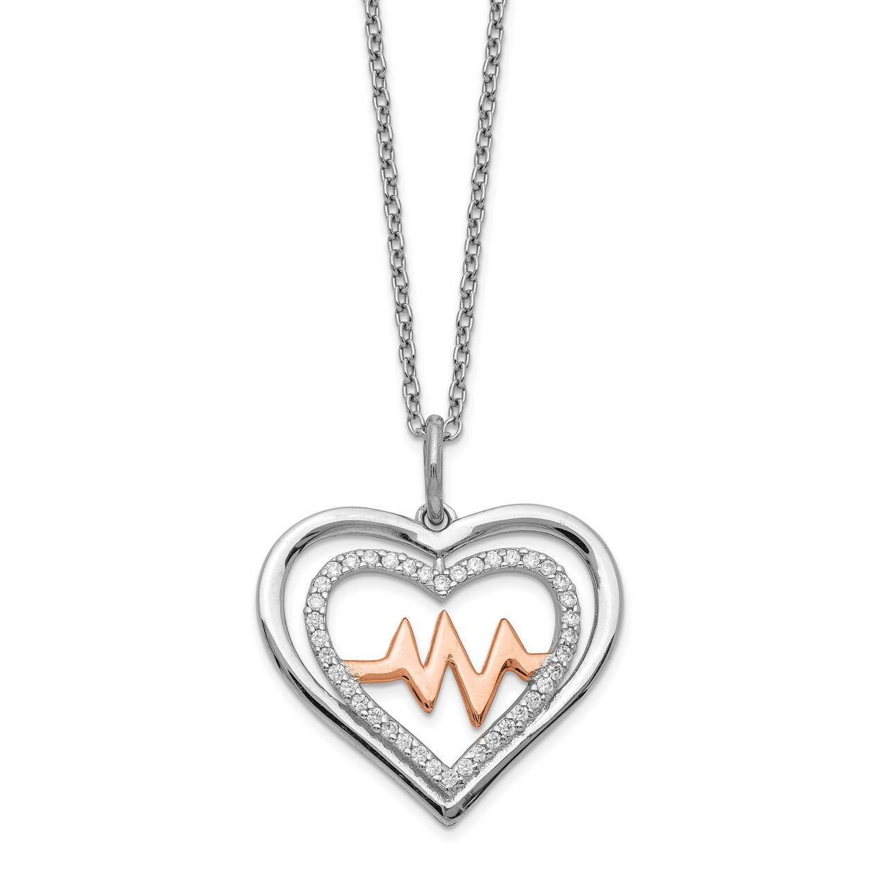 Rose-tone &amp; CZ Diamond Heartbeat with 2 inch Extender Neckl Sterling Silver Rhodium-plated QG5260-1…