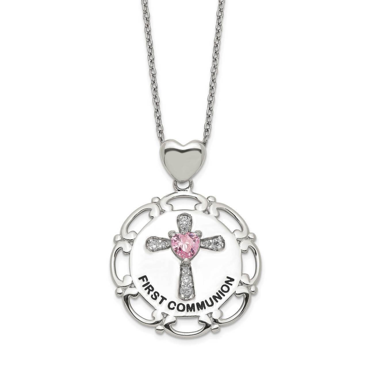 Enameled Pink &amp; Clear Cross Necklace Sterling Silver CZ Diamond QG5302-17.5, MPN: QG5302-17.5, 8867…