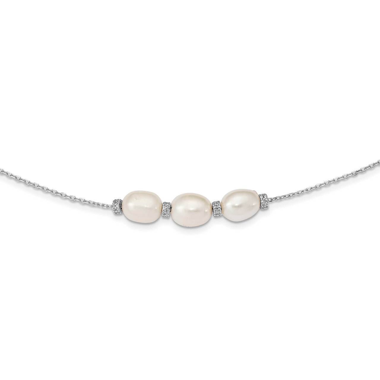 Bead &amp; Freshwater Cultured Pearl with 2 inch Extender Necklace Sterling Silver Rhodium-plated CZ Di…