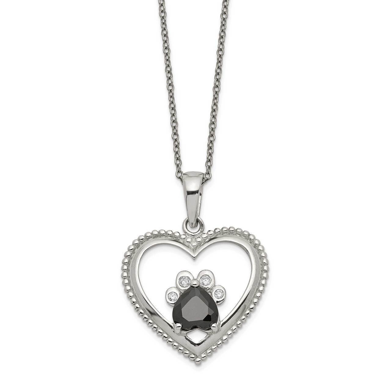 Black &amp; White Heart with Paw Print Necklace Sterling Silver CZ Diamond QG5398-18, MPN: QG5398-18, 8…