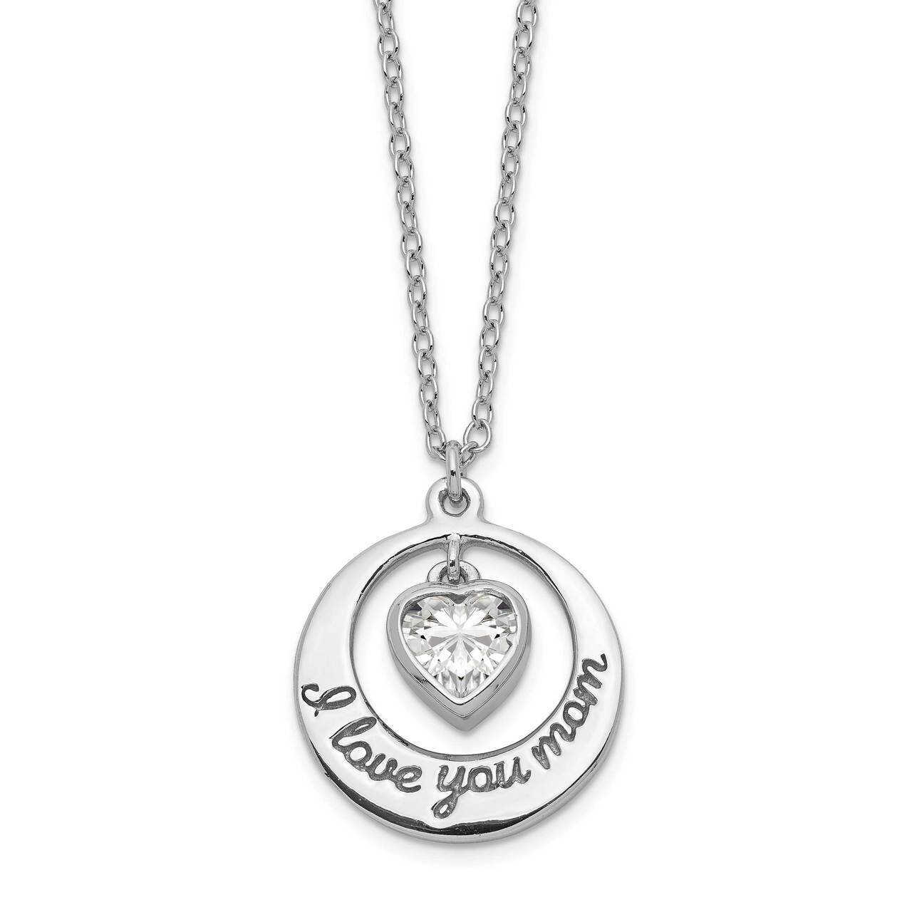 Heart Love You Mom with 2 inch Extender Necklace Sterling Silver Rhodium-plated CZ Diamond QG5405-15
