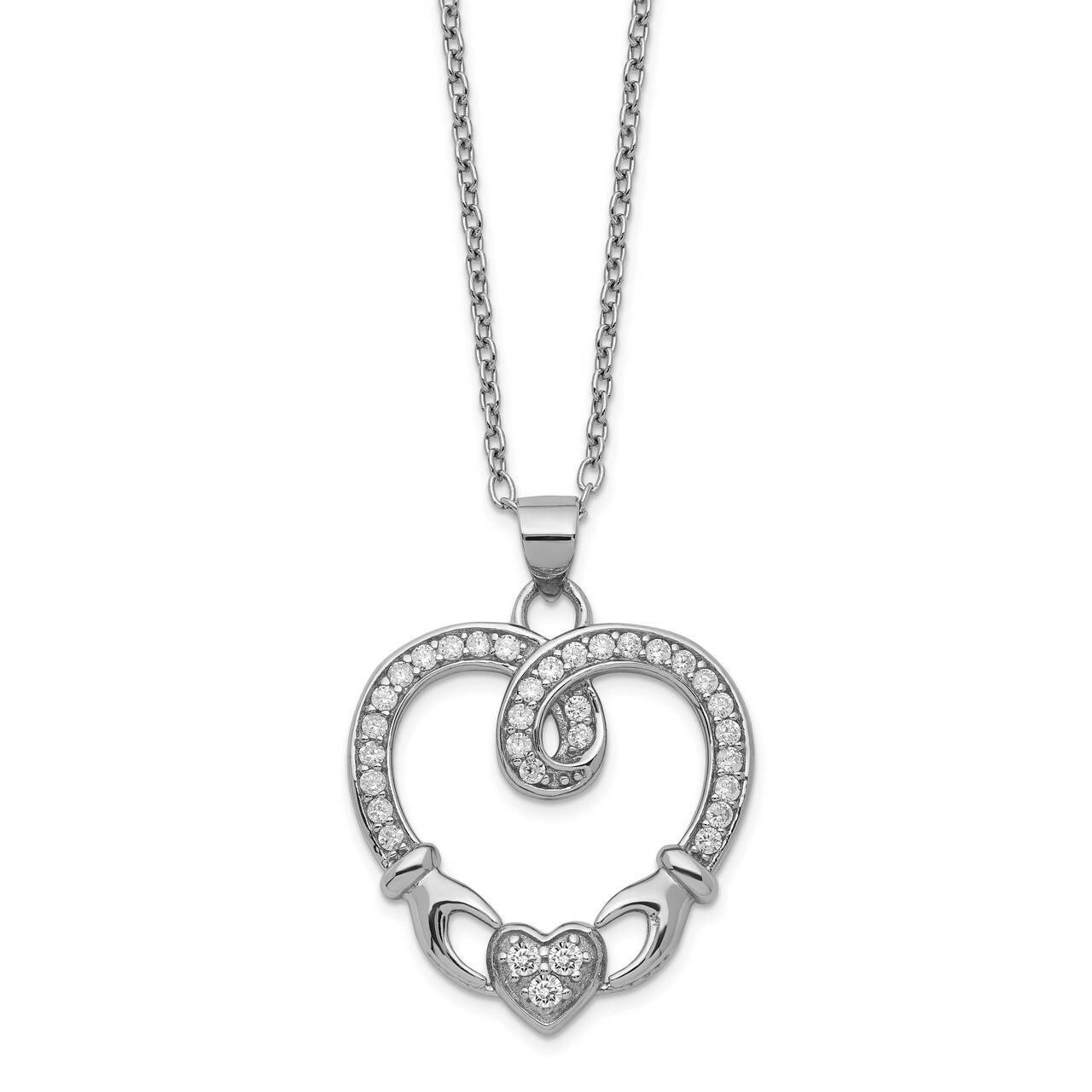 Claddagh Heart Necklace with 1 inch extender. Sterling Silver CZ Diamond QG5407-16.5, MPN: QG5407-1…