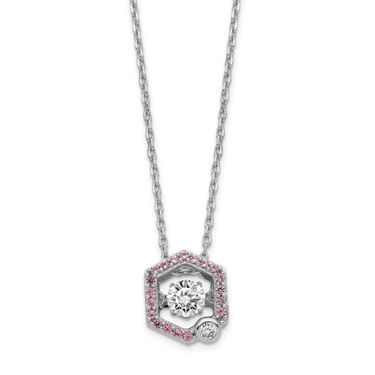 Hexagon Vibrant CZ Diamond &amp; Pink CZ Diamond with 2 inch Extender Necklac Sterling Silver Rhodium P…