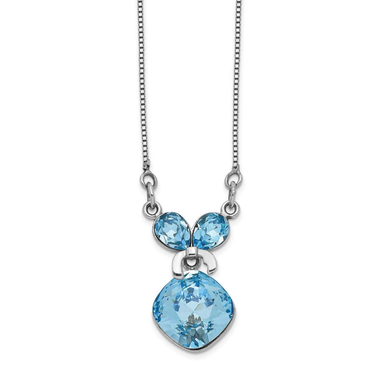 Blue Crystal Bow with Dangle with 2 inch Extender Necklace Sterling Silver Rhodium-plated QG5544-16
