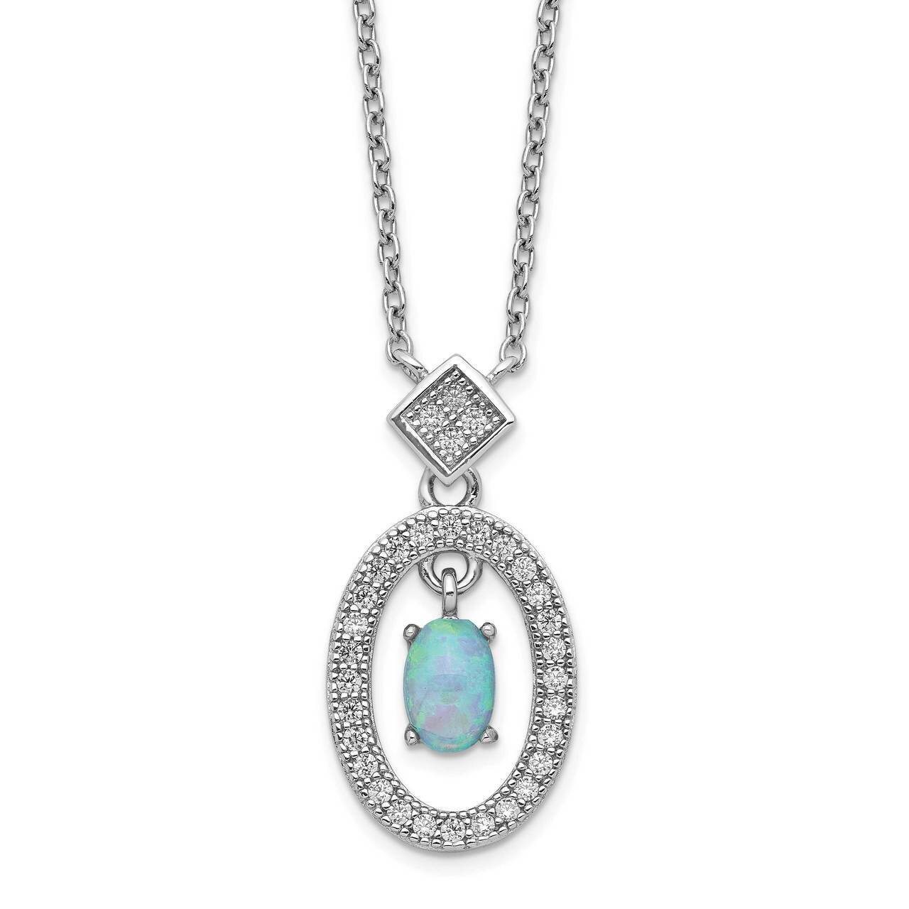 Created Opal &amp; CZ Diamond with 2 inch Extender Necklace Sterling Silver Rhodium-plated QG5565-16, M…