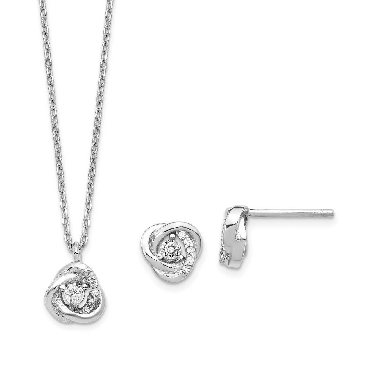 Sterling Silver Rhodium-platedCZ Diamond Love Knot Earrings &amp; 2 inch Extender Necklace Set Sterling…