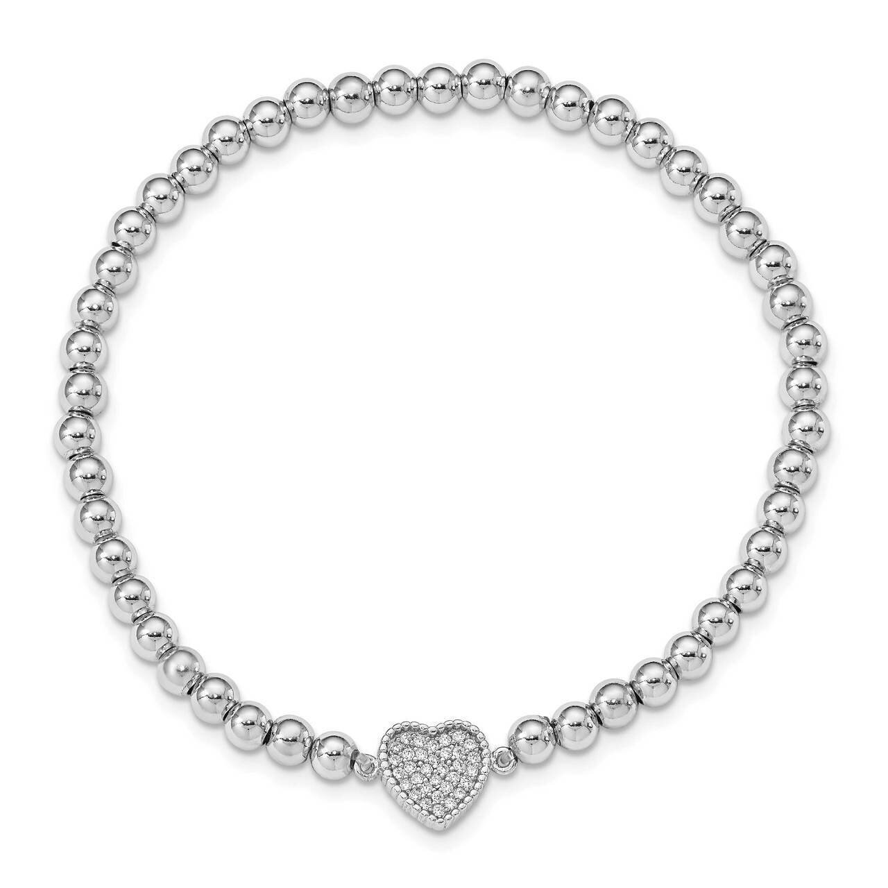 Heart Beaded Stretch Bracelet Sterling Silver Rhodium Plated CZ Diamond QH5453, MPN: QH5453, 191101…