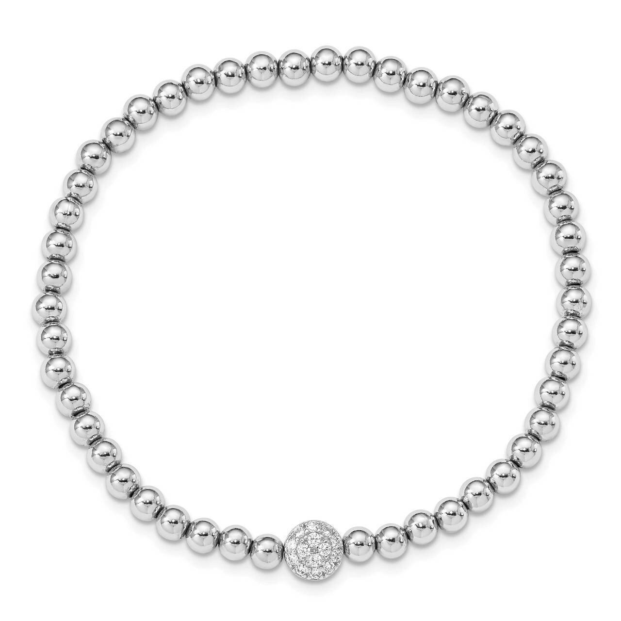 Polished CZ Diamond Beaded Stretch Bracelet Sterling Silver Rhodium Plated QH5455