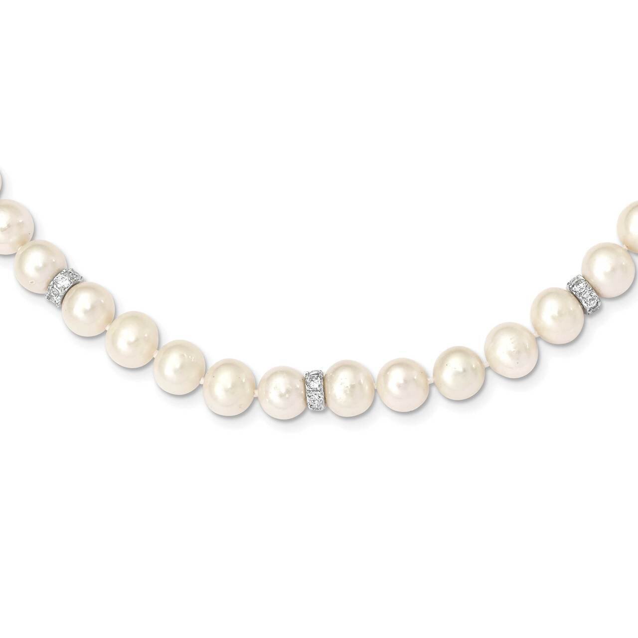 9-10mm White off round Freshwater Cultured Pearl CZ Diamond Necklace Sterling Silver Rhodium Plated…