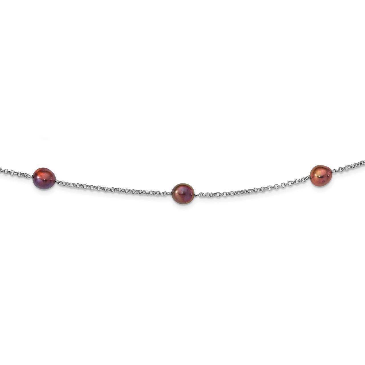 9-10mm Black Baroq Freshwater Cultured Pearl 7-stat Necklace Sterling Silver Rhodium Plated QH5554-…