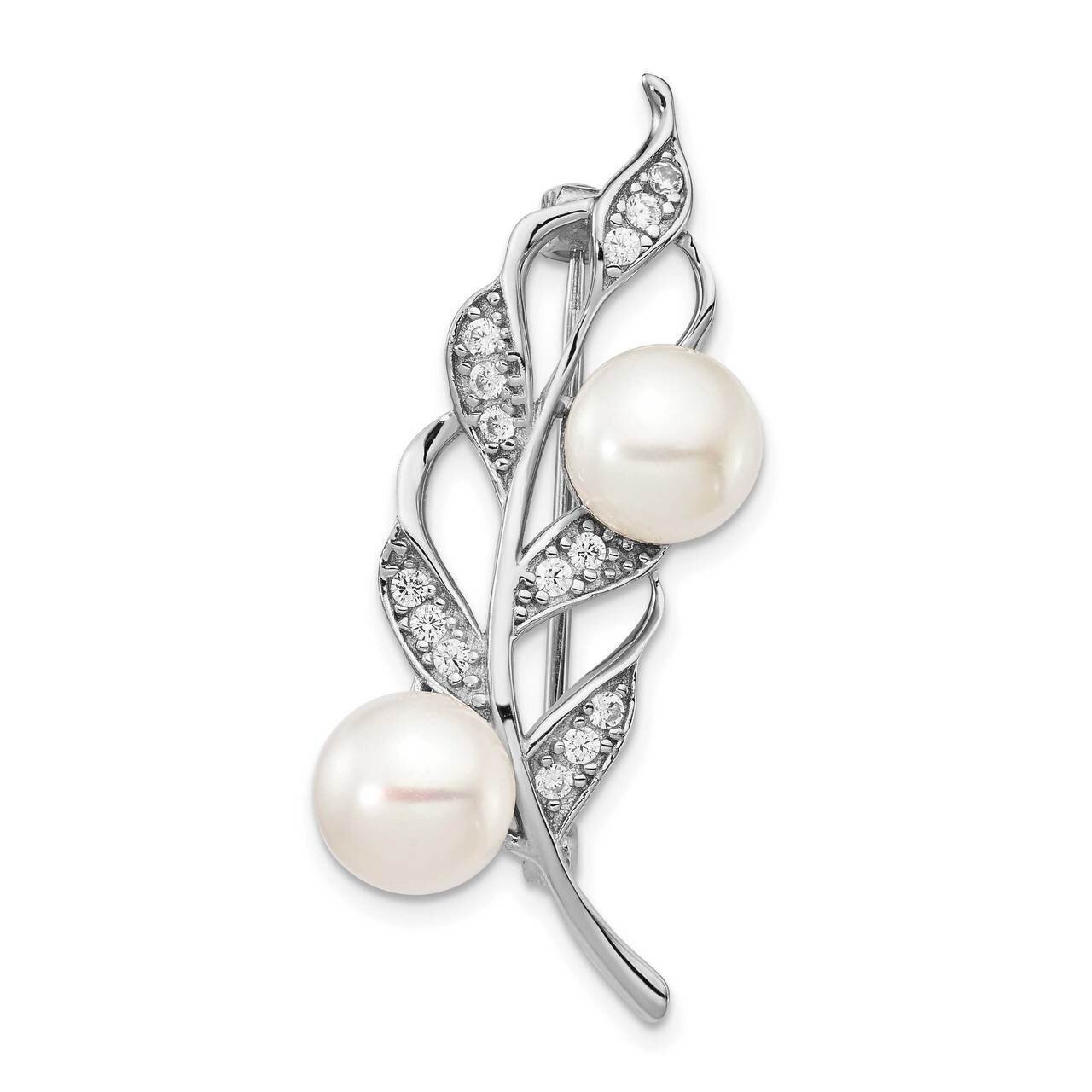 7-8mm White Button Freshwater Cultured Pearl CZ Diamond Brooch Sterling Silver Rhodium Plated QP5046