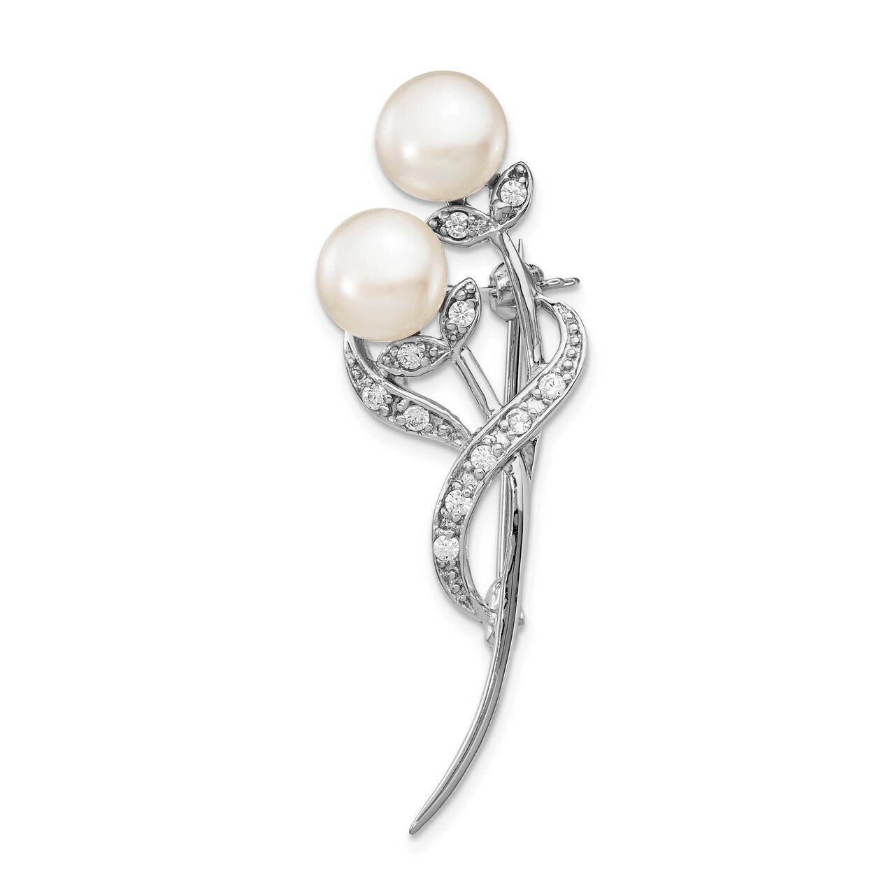 7-8mm White Button Freshwater Cultured Pearl CZ Diamond Brooch Sterling Silver Rhodium Plated QP504…