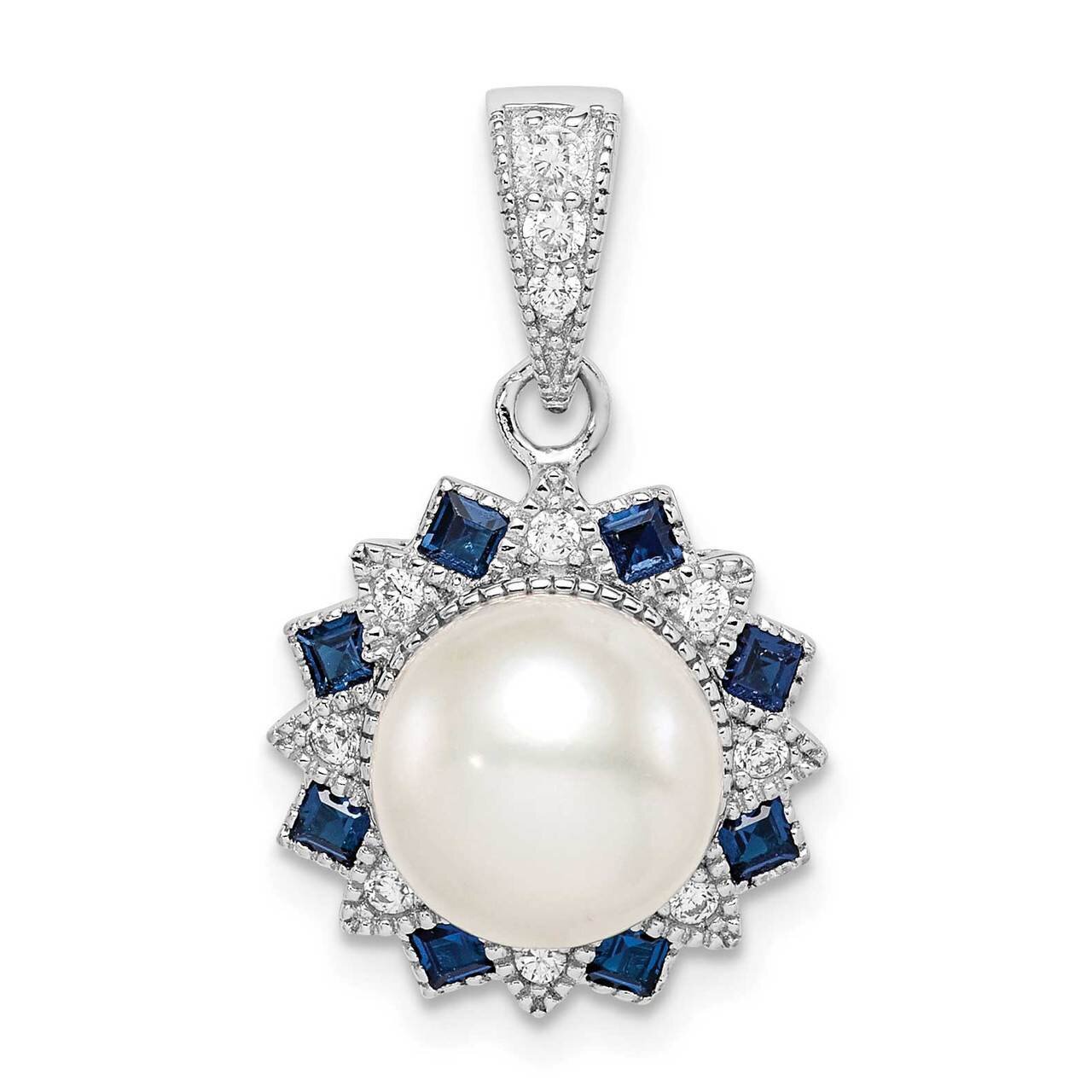Freshwater Cultured Pearl &amp; Syn. Blue Spinel Flower Pendant Sterling Silver Rhodium-plated QP5074