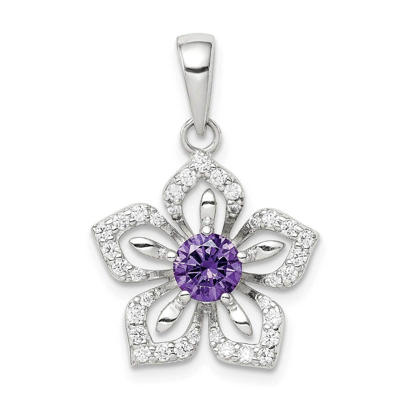 Purple &amp; Clear Flower Pendant Sterling Silver CZ Diamond QP5102, MPN: QP5102, 886774031071