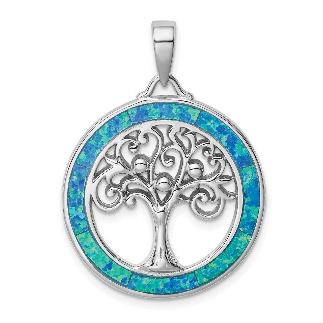 Created Opal Circle with Tree Pendant Sterling Silver Rhodium-plated QP5130