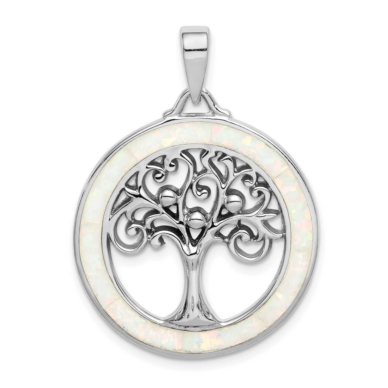 Created Opal Circle with Tree Pendant Sterling Silver Rhodium-plated QP5131