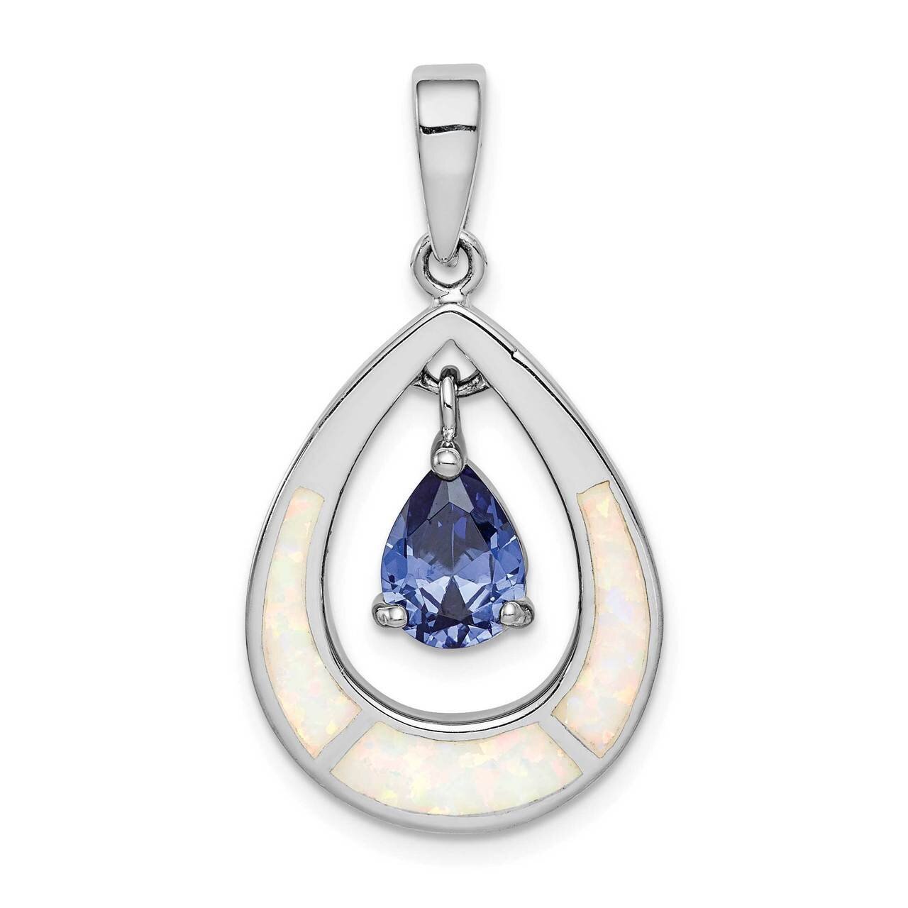 Created Opal Inlay &amp; Blue CZ Diamond Teardrop Pendan Sterling Silver Rhodium-plated QP5135, MPN: QP…