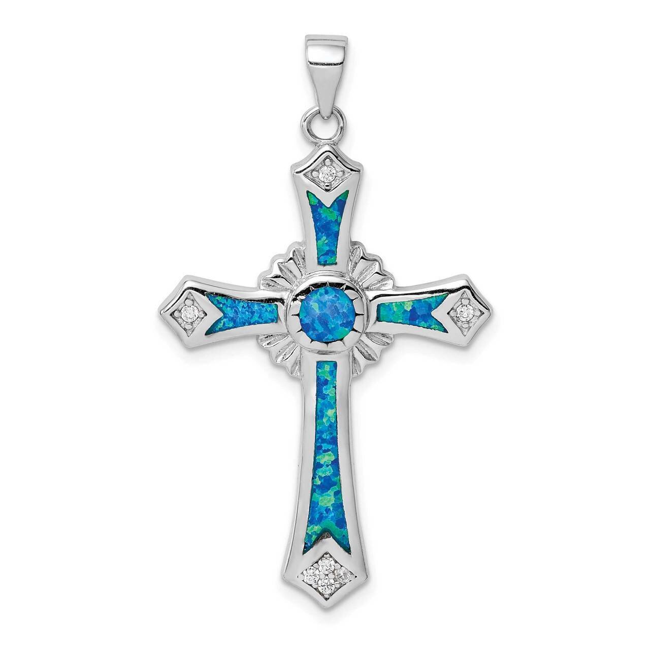 Created Blue Opal &amp; CZ Diamond Cross Pendant Sterling Silver Rhodium-plated QP5143, MPN: QP5143, 88…