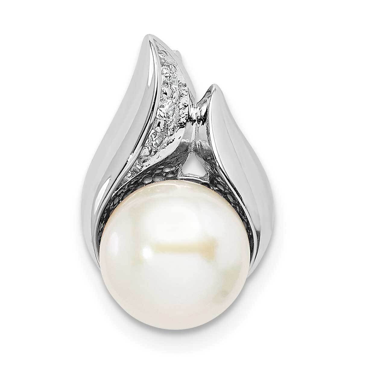 (8-9mm) Button Freshwater Cultured Pearl Slide Sterling Silver Rhodium-plated CZ Diamond QP5347