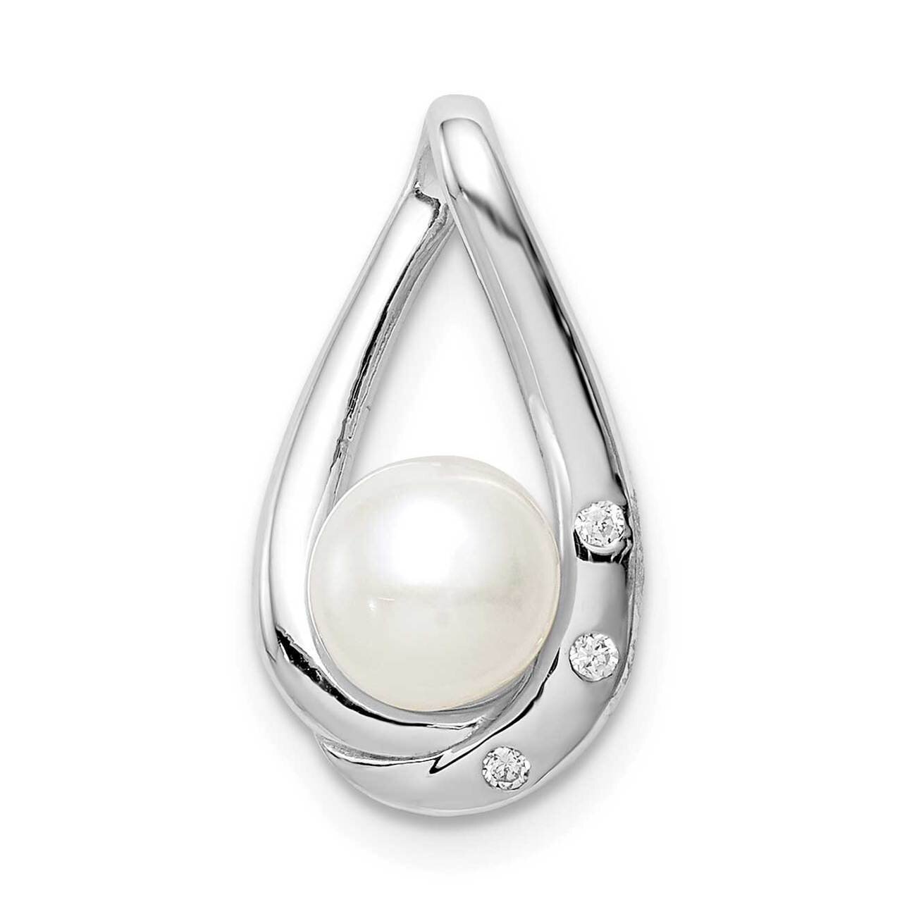 (6-7mm) Freshwater Cultured Pearl Teardrop Chain Slide Sterling Silver Rhodium-plated CZ Diamond QP5348
