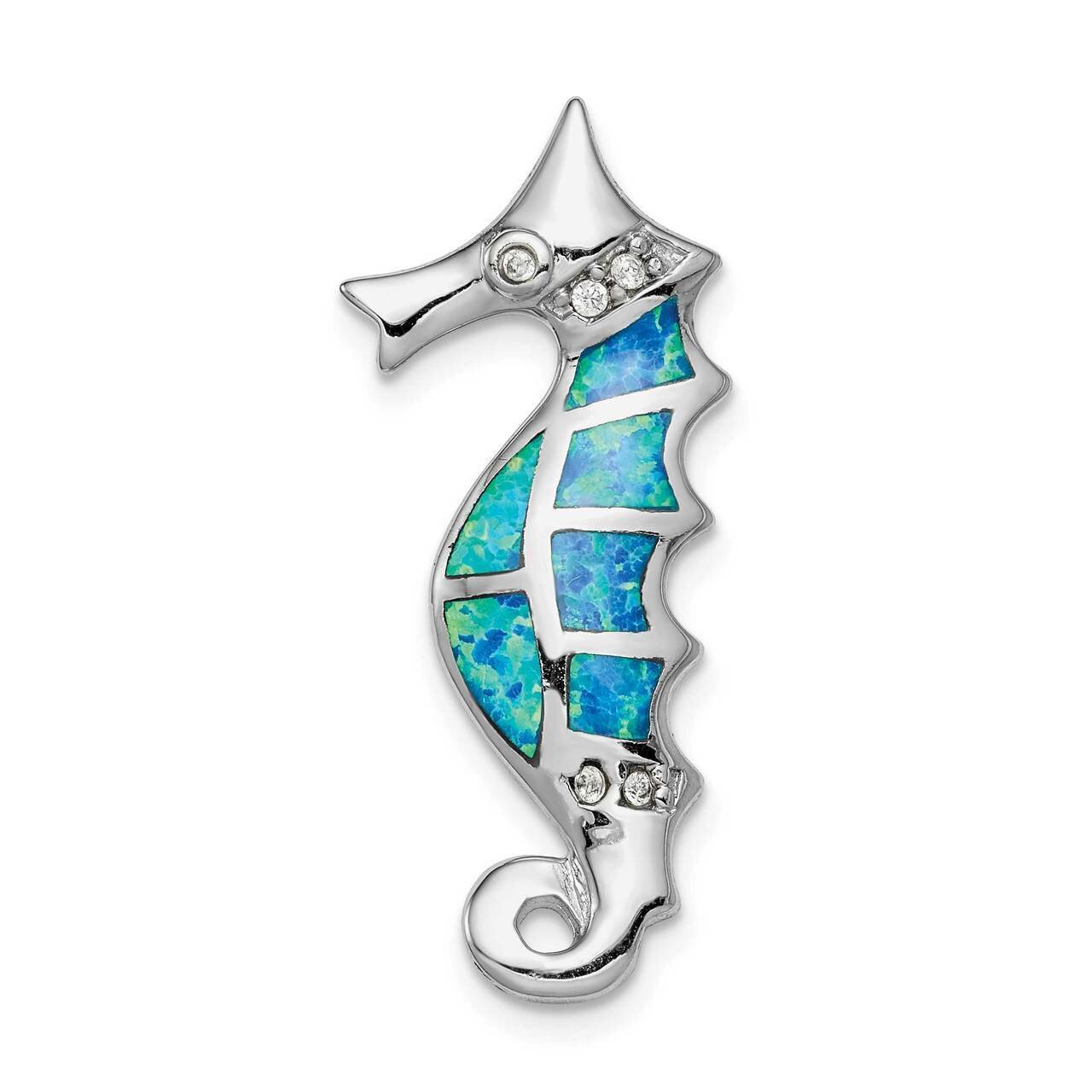 Created Blue Opal &amp; CZ Diamond Seahorse Slide Sterling Silver Rhodium-plated QP5374, MPN: QP5374, 8…