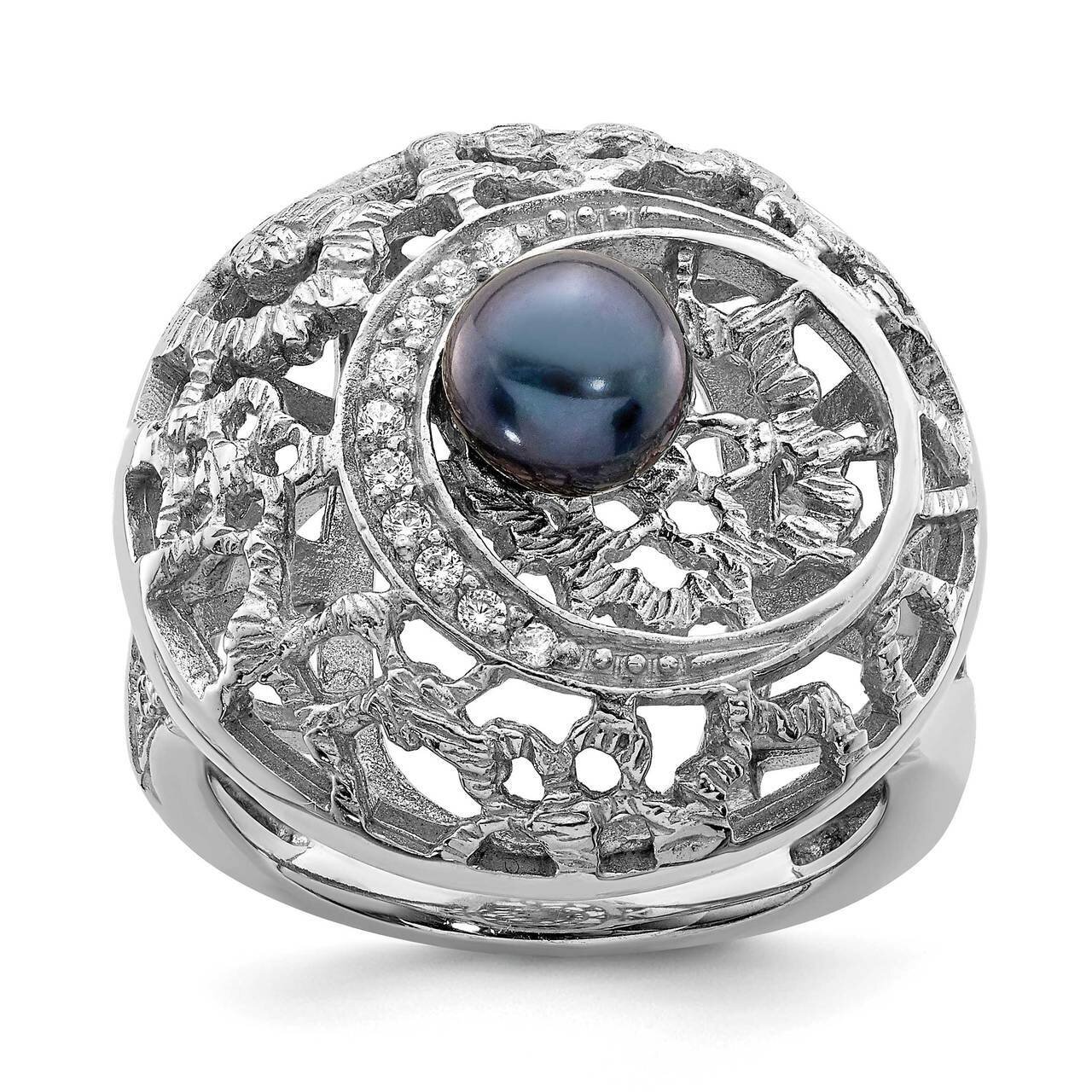 Black Freshwater Cultured Pearl and CZ Diamond Round Ring Sterling Silver Rhodium Plated QR6283, MP…