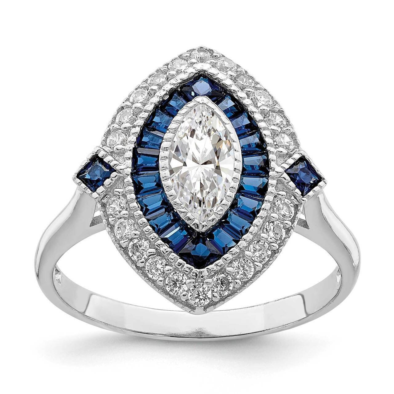 Synthetic Blue Spinel Ring Sterling Silver Rhodium-plated CZ Diamond QR6858