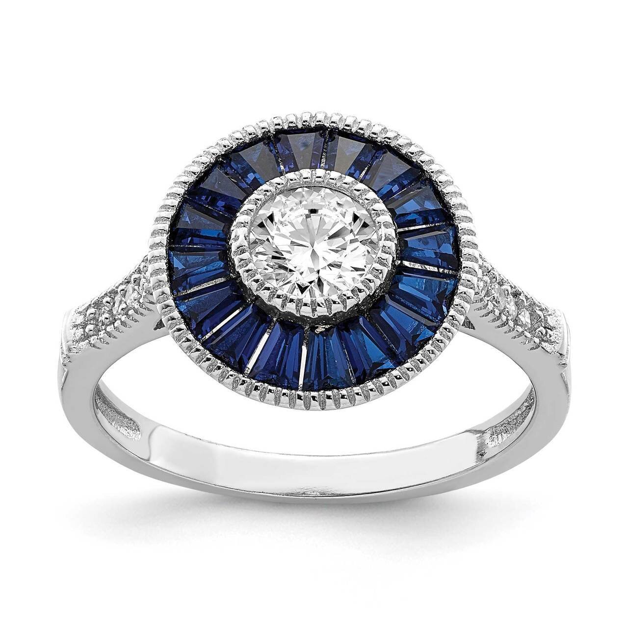 Synthetic Blue Spinel and CZ Diamond Ring Sterling Silver Rhodium-plated QR6860
