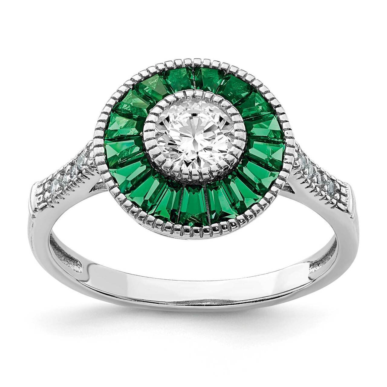 Synthetic Green Spinel &amp; CZ Diamond Ring Sterling Silver Rhodium-plated QR6861, MPN: QR6861, 883957…