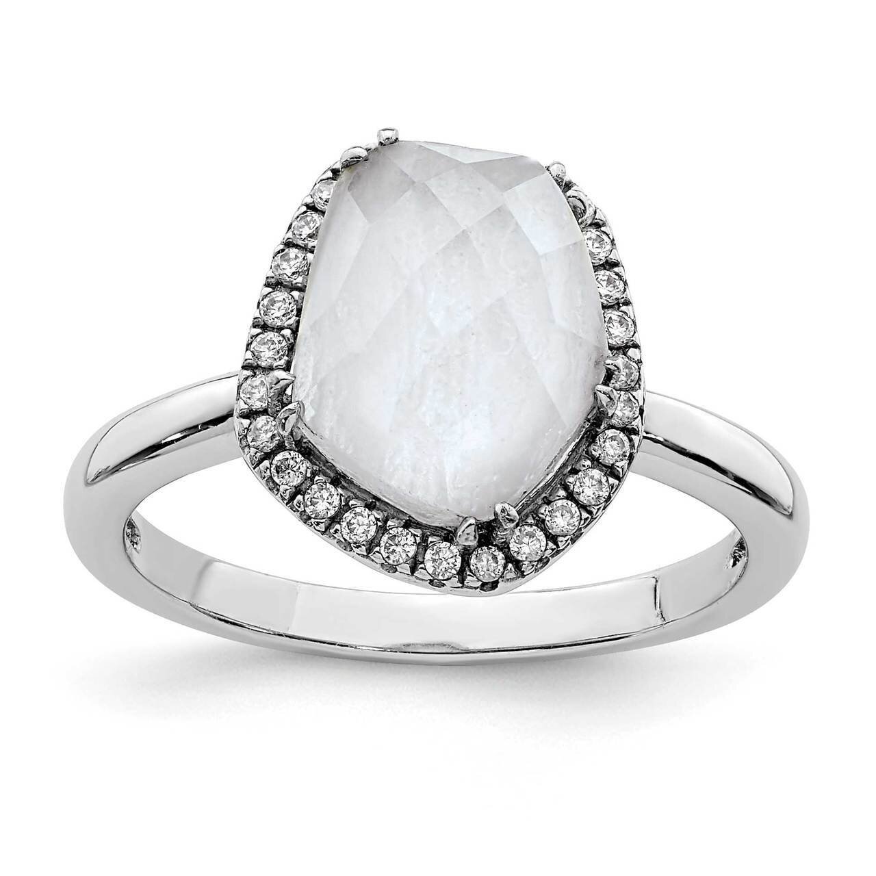 Blue Lace Agate & CZ Diamond Ring Sterling Silver Rhodium-plated QR6865