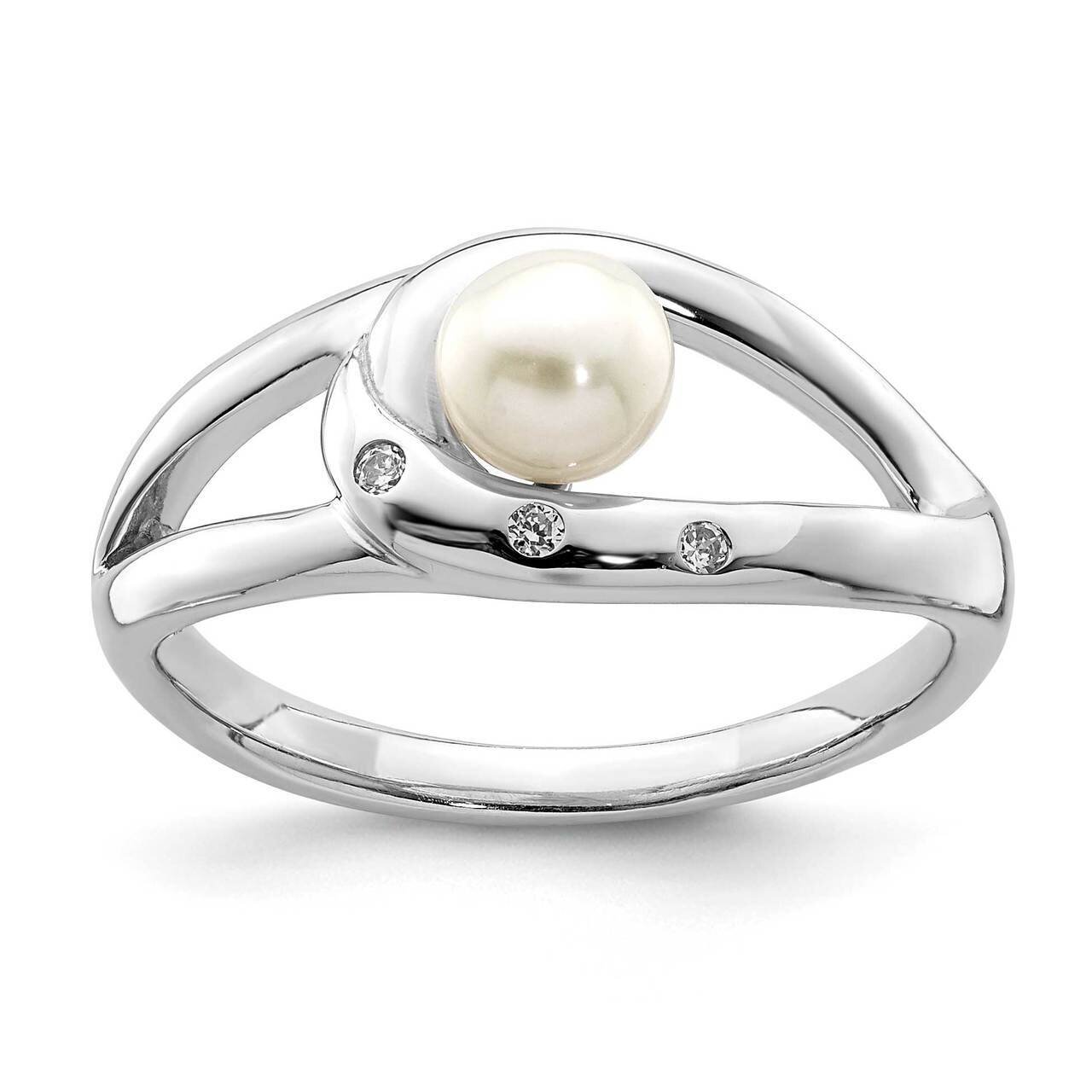 (5-6mm) Button Freshwater Cultured Pearl Ring Sterling Silver Rhodium-plated CZ Diamond QR6873