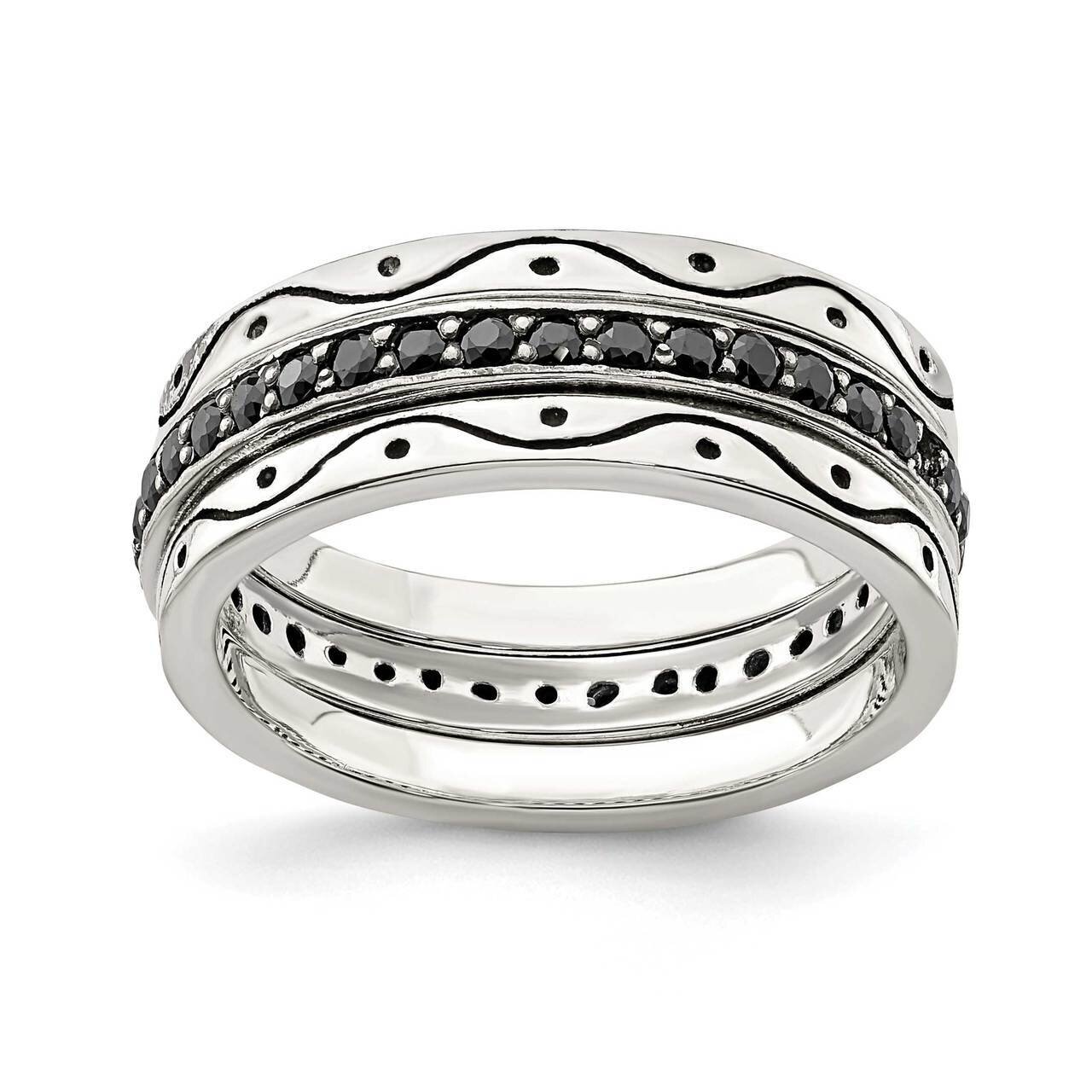 Three Piece Set Antiqued &amp; Black Bands Sterling Silver CZ Diamond QR6906, MPN: QR6906, 886774092478
