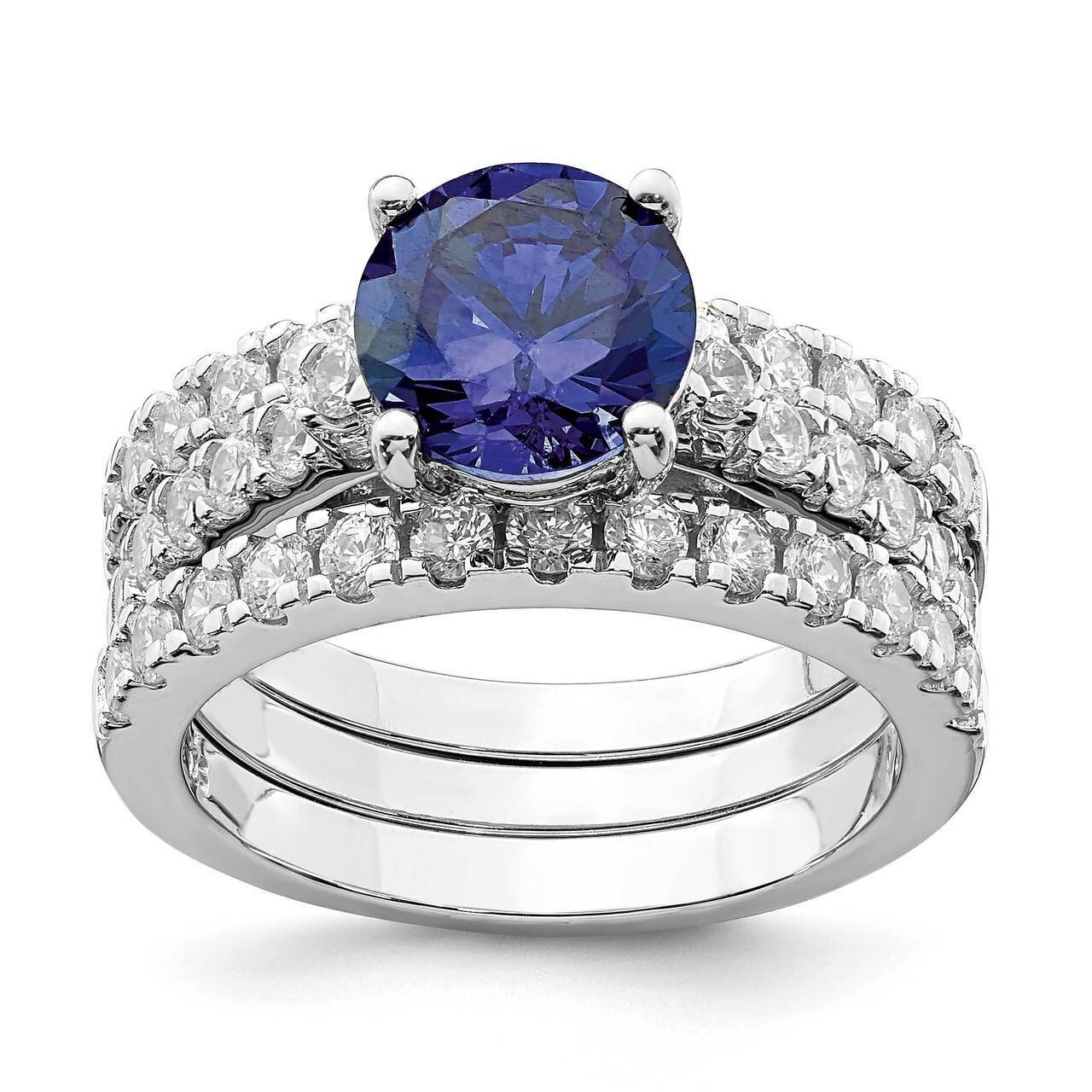 8mm Blue CZ Diamond Ring &amp; 2 CZ Diamond Band Set Sterling Silver Rhodium-plated QR6932