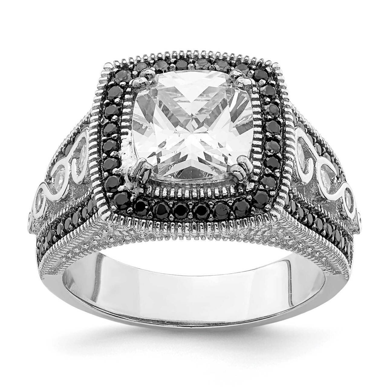 Black and White CZ Diamond Halo Engagement Ring Sterling Silver Rhodium Plated QR6937, MPN: QR6937,…