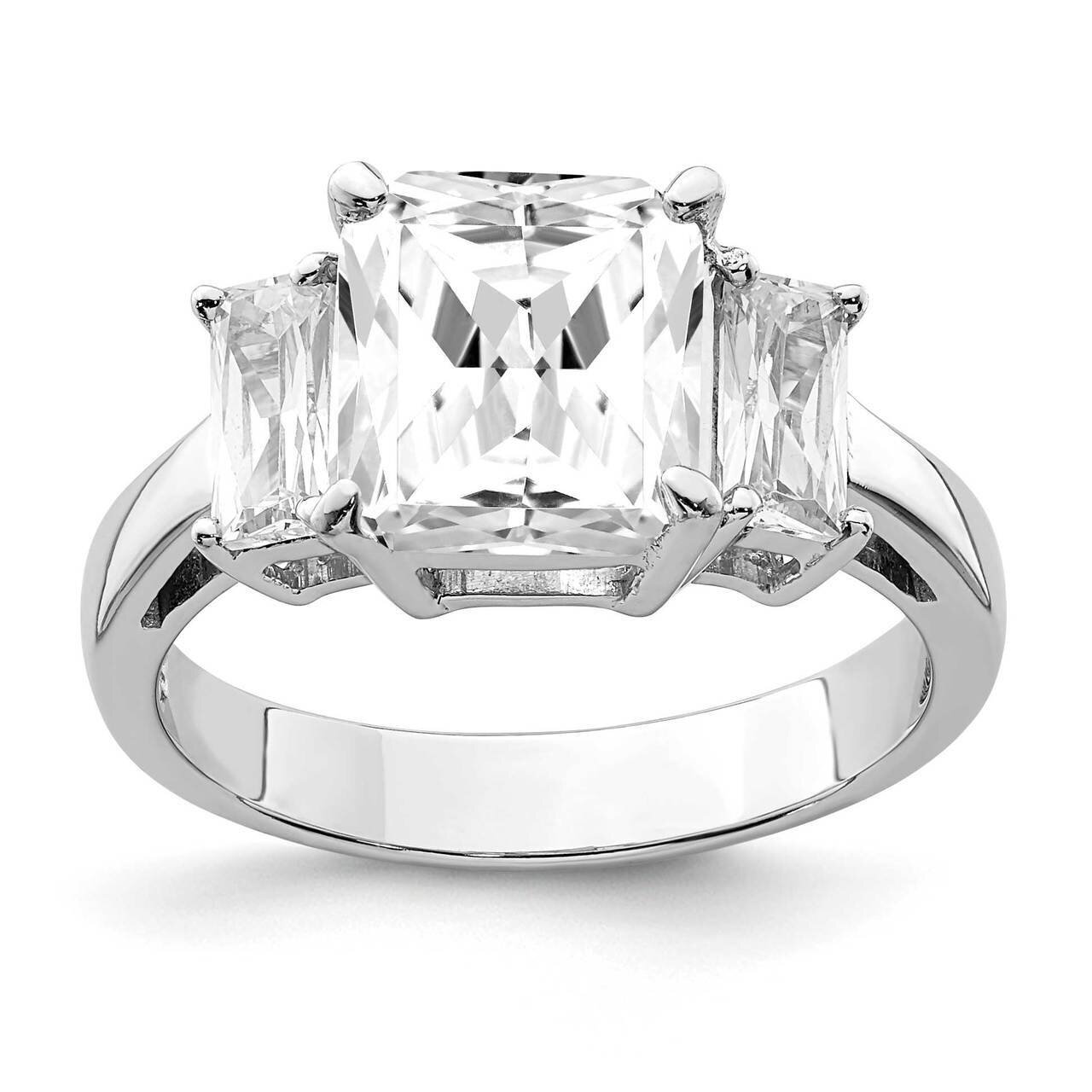 Emerald-cut CZ Diamond 3-stone Ring Sterling Silver Rhodium-plated QR6957