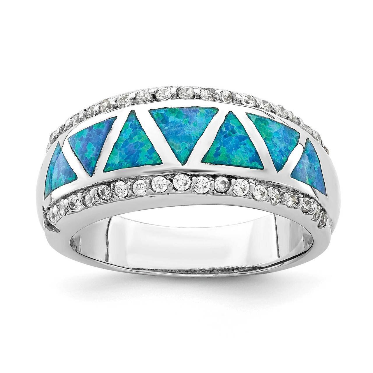 Triangle Created Blue Opal & CZ Diamond Ring Sterling Silver Rhodium-plated QR6991